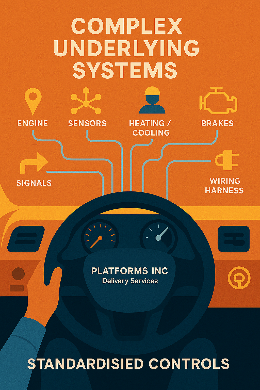 Image of a van's standardised controls showing that they control the complex underlying systems.